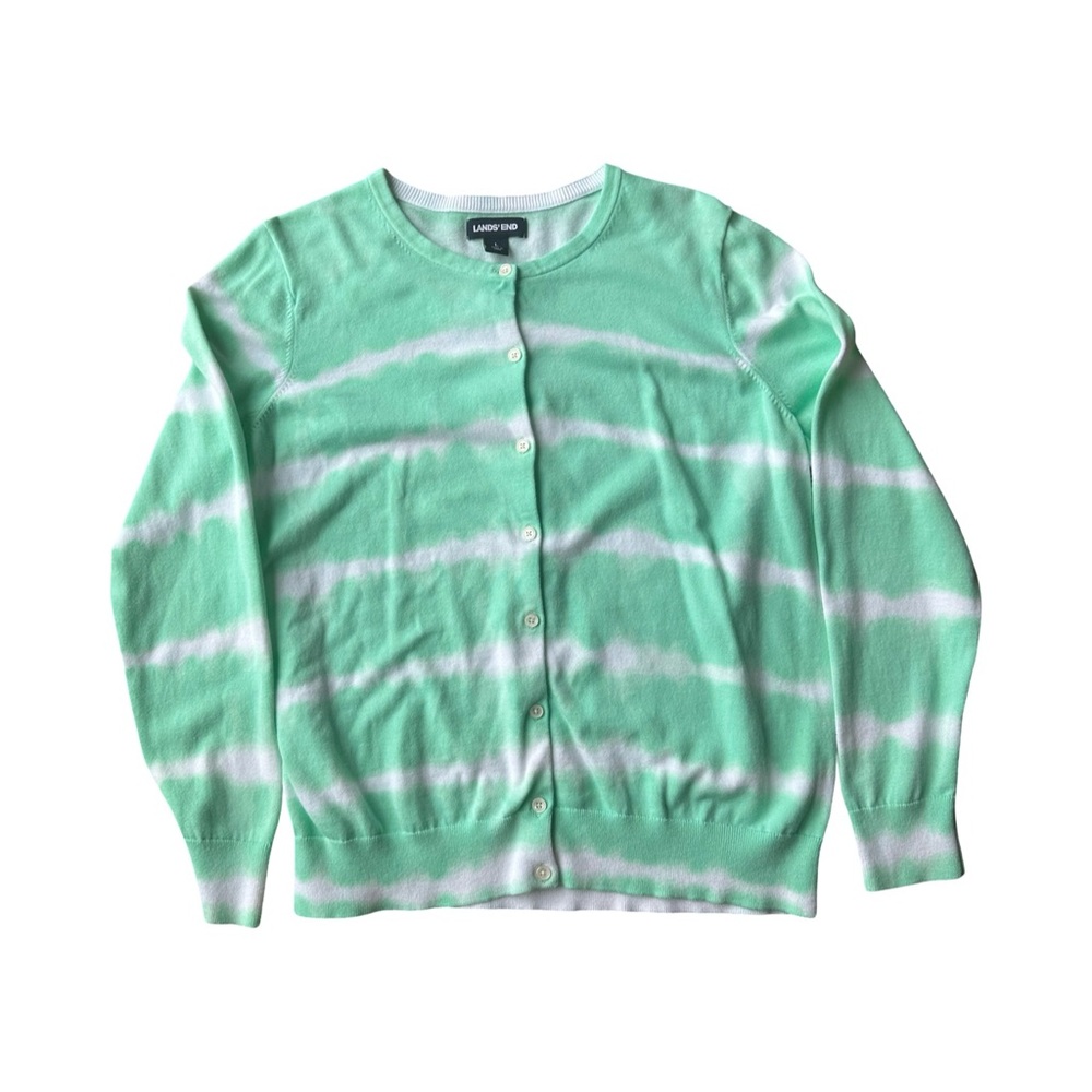 Lands' End Mint and White Striped Cardigan